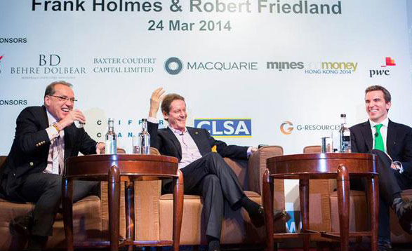 In Hong Kong, Andrew Driscoll (right), Head of Resources Research at CLSA, leads a discussion between Frank Holmes (left) and Robert Friedland (center) during an event for the Asia Mining Club.